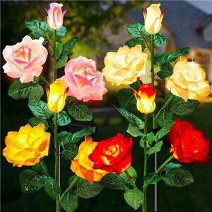Outdoor Solar Garden Light-4 Pack‎ LED Flower Light & Realistic Rose, Waterproof